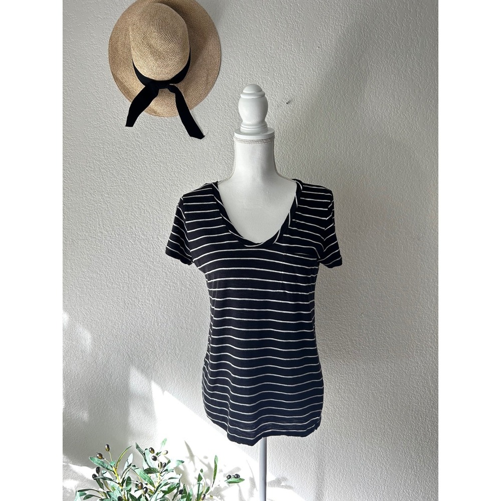 Caslon Womens Black White Striped V-Neck Pocket T-Shirt Cotton Modal Blend Small